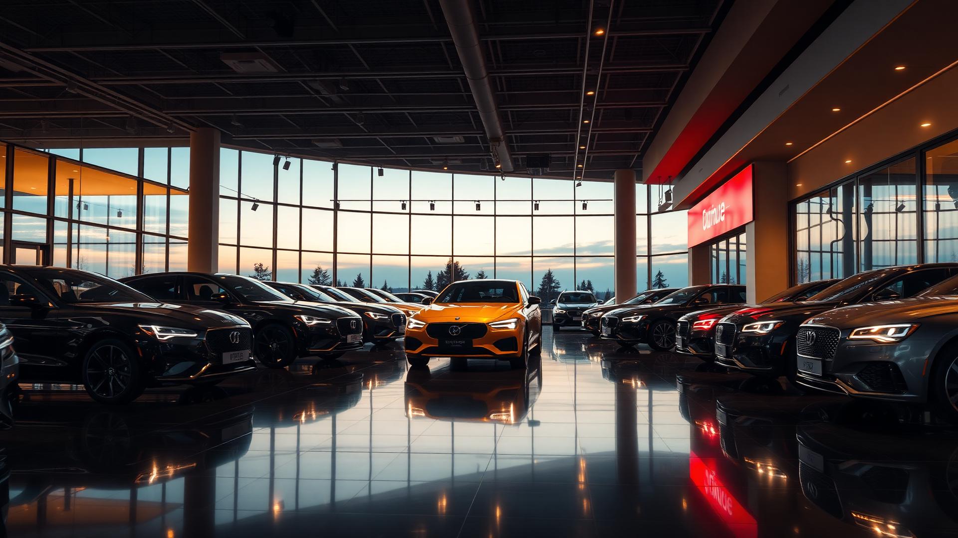 Showroom premium de agência de veículos com carros em exposição e iluminação elegante